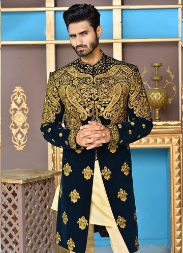 Black & Golden Color Velvet Embroidered Sherwani For Men
